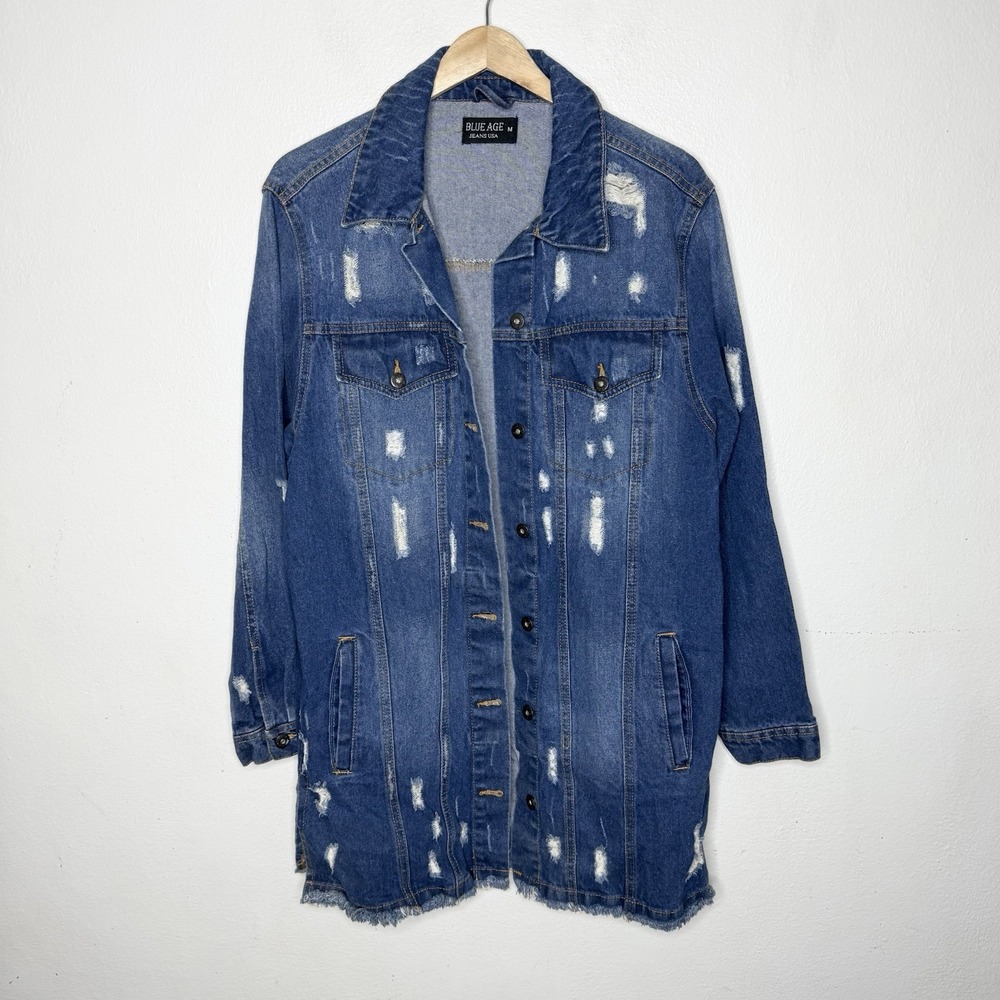Blue Age Jeans Distressed Denim Longline Jacket Blue Ripped Women's Medium